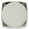 A hand-painted crescent of stunning platinum rims the edges of this thoroughly modern dinnerware collection.