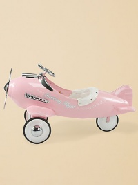 Imaginations soar in this pretty pink plane with sparkling chrome steering wheel and trim. All metal construction Padded seat Rubber-edged wheels Pedal operation 24H X 44W X 45D Imported Recommended for ages 3-5 Imaginations soar in this pretty pink plane with sparkling chrome steering wheel and trim. All metal construction Padded seat Rubber-edged wheels Pedal operation 24H X 44W X 45D Imported Recommended for ages 3-5