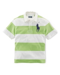 A classic short-sleeved striped cotton rugby for preppy, in-the-game style. A classic short-sleeved striped cotton rugby for preppy, in-the-game style.