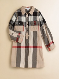 Fun smock styling in her favorite designer check.Pattern varies Spread collar Button placket Button flap chest pockets Side seam pockets Long sleeves with button tab roll cuffs Shirring below back shoulder yoke 97% cotton/2% nylon/1% elastane Machine wash Imported Fun smock styling in her favorite designer check.Pattern varies Spread collar Button placket Button flap chest pockets Side seam pockets Long sleeves with button tab roll cuffs Shirring below back shoulder yoke 97% cotton/2% nylon/1% elastane Machine wash Imported