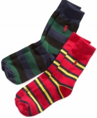 He can add a wild touch of style to his look with these striped socks from Ralph Lauren under his cuffs. He can add a wild touch of style to his look with these striped socks from Ralph Lauren under his cuffs.