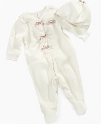 Adorably sweet coverall set by Guess with bow ornaments and matching beanie. Adorably sweet coverall set by Guess with bow ornaments and matching beanie.