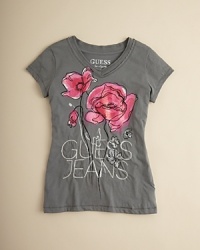 GUESS embellishes this v neck tee with a pretty rose print rendered with sequin accents and an embroidered GUESS JEANS on the front. GUESS embellishes this v neck tee with a pretty rose print rendered with sequin accents and an embroidered GUESS JEANS on the front.