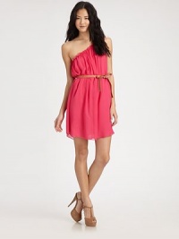 Gorgeous silk chiffon drapes from shoulder to hem in a gathered one-shoulder silhouette. cinched at the waist by a skinny leather belt.Single shoulder strapRuffled trim at necklineContour hemAbout 33 from shoulder to hemSilkDry cleanImportedModel shown is 5'10 (177cm) wearing US size Small. Gorgeous silk chiffon drapes from shoulder to hem in a gathered one-shoulder silhouette. cinched at the waist by a skinny leather belt.Single shoulder strapRuffled trim at necklineContour hemAbout 33 from shoulder to hemSilkDry cleanImportedModel shown is 5'10 (177cm) wearing US size Small.