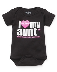 A short sleeve romper with I love my aunt' printed on front. A short sleeve romper with I love my aunt' printed on front.