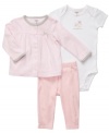 Dress her up with love in this adorable bodysuit, pant and cardigan 3-piece set from Carter's.