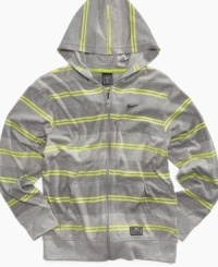 He can warm up his look with this stripe hoodie from Nike Action, perfect for the playground or backyard football. He can warm up his look with this stripe hoodie from Nike Action, perfect for the playground or backyard football.