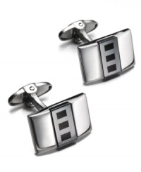 Complement his power suit. These dynamic cuff links features a unique rectangular shape accented by onyx (1-3/4 ct. t.w.) and hematite stone. Set in sterling silver. Approximate length: 7/8 inch. Approximate width: 5/8 inch.