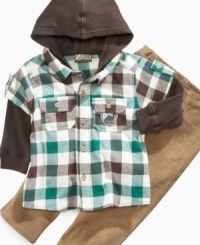 Start his day off right and get him pumped up in plaid with this rugged thermal shirt and pant set from Nannette. Start his day off right and get him pumped up in plaid with this rugged thermal shirt and pant set from Nannette.