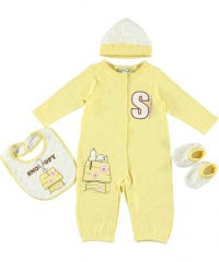 Peanuts Snoopy Taking It Easy Girls Newborn 4 Piece Coverall Rompers Set