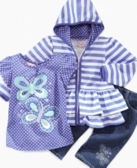 Watch her spread her wings and fly in this adorable contrast pattern shirt, hoodie and capri jean set from Nannette. Watch her spread her wings and fly in this adorable contrast pattern shirt, hoodie and capri jean set from Nannette.