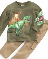 The dinosaur might be scary but he'll be looking cute as can be with this long-sleeved dinosaur t-shirt and cargo pants set from Nannette. The dinosaur might be scary but he'll be looking cute as can be with this long-sleeved dinosaur t-shirt and cargo pants set from Nannette.