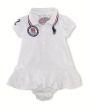 A preppy puff-sleeved polo dress in breathable stretch cotton mesh is accented with London embroidery to celebrate Team USA's participation in the 2012 Olympics.