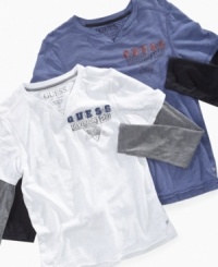 Warm long sleeves and a fresh layered look, with this slit-neck twofer from Guess he'll never have to compromise his cool style. Warm long sleeves and a fresh layered look, with this slit-neck twofer from Guess he'll never have to compromise his cool style.