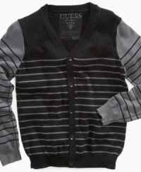 He can button up this colorblock cardigan from Guess and keep himself warm when it gets cool out. He can button up this colorblock cardigan from Guess and keep himself warm when it gets cool out.