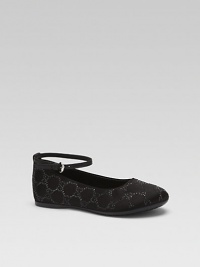 Shiny satin is adorned with studded GG pattern and an adjustable leather ankle strap.Adjustable ankle strapSatin and silk upperFabric liningRubber solePadded insoleMade in Italy Shiny satin is adorned with studded GG pattern and an adjustable leather ankle strap.Adjustable ankle strapSatin and silk upperFabric liningRubber solePadded insoleMade in Italy
