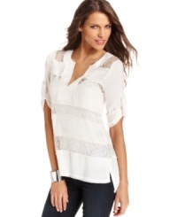 Sheer lace panels adds sultriness to this otherwise sweet BCBGMAXAZRIA blouse -- perfectly paired with denim! Sheer lace panels adds sultriness to this otherwise sweet BCBGMAXAZRIA blouse -- perfectly paired with denim!