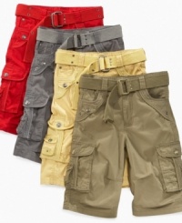 Keep his relaxed style tight with these belted cargo shorts by Request. Keep his relaxed style tight with these belted cargo shorts by Request.