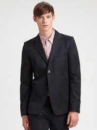 Impeccably tailored in rich, smooth cotton, this two-button suit jacket is designed the man of style who looks, feels and dresses like a power-player.Button-frontChest welt, waist flap pocketsRear ventAbout 29 from shoulder to hemCottonDry cleanImported