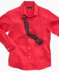 Skinny style. A streamlined skinny tie, included with this shirt, completes the modern look. Skinny style. A streamlined skinny tie, included with this shirt, completes the modern look.
