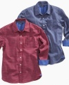 Add prep to his step with this classic plaid long sleeve shirt by Nautica. Goes well with chinos, jeans, and shorts.