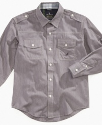 Charge into fall with this military-style shirt from Nautica, with shoulder epaulets and double-chest pockets on front. Charge into fall with this military-style shirt from Nautica, with shoulder epaulets and double-chest pockets on front.