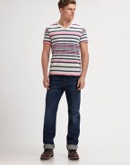 Multicolored stripes add a modern touch to this classic cotton v-neck. V-neckShort sleevesCottonMachine washMade in USA