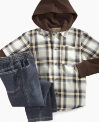 Outdoor play is fun and comfy in this cozy hooded shirt and jeans set from Kids Headquarters. Outdoor play is fun and comfy in this cozy hooded shirt and jeans set from Kids Headquarters.