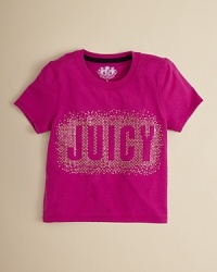 A cluster of rhinestones outline the name she loves, Juicy Couture, rendered front-and-center on this cute short sleeve tee. A cluster of rhinestones outline the name she loves, Juicy Couture, rendered front-and-center on this cute short sleeve tee.