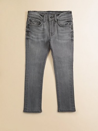 Grey jeans are at the top of the style list this season. Featuring an adjustable waist and a hint of stretch, this style also ensures a comfortable fit.Button closureZip flyFive-pocket styleAdjustable waistbandBelt loopsMetal rivet details Contrast stitching on back pockets98% cotton/2% spandexMachine washImported Grey jeans are at the top of the style list this season. Featuring an adjustable waist and a hint of stretch, this style also ensures a comfortable fit.Button closureZip flyFive-pocket styleAdjustable waistbandBelt loopsMetal rivet details Contrast stitching on back pockets98% cotton/2% spandexMachine washImported