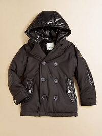 A detachable hood, shiny lining and elbow patches add modern touches to this cold-weather classic.Detachable hoodLong sleeves with snap cuffsDouble-breasted button-frontZip-slash pocketsSnap-flap pocketsFully linedPolyesterMachine washImported Please note: Number of snaps may vary depending on size ordered. A detachable hood, shiny lining and elbow patches add modern touches to this cold-weather classic.Detachable hoodLong sleeves with snap cuffsDouble-breasted button-frontZip-slash pocketsSnap-flap pocketsFully linedPolyesterMachine washImported Please note: Number of snaps may vary depending on size ordered.