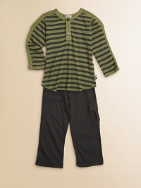 Waffle-textured stripes in a classic Henley style make a perfect partner to smooth-knit pants, simple and smart. TopRibbed Henley necklineButton placketStriped with solid sleeve insetsLong hemmed sleeves Pants Elastic waistbandFront cargo pocketBack patch pocketTop: polyester/cotton/micromodalPants: cotton/modal/spandexMachine washImported Please note: Number of buttons may vary depending on size ordered. Waffle-textured stripes in a classic Henley style make a perfect partner to smooth-knit pants, simple and smart. TopRibbed Henley necklineButton placketStriped with solid sleeve insetsLong hemmed sleeves Pants Elastic waistbandFront cargo pocketBack patch pocketTop: polyester/cotton/micromodalPants: cotton/modal/spandexMachine washImported Please note: Number of buttons may vary depending on size ordered.