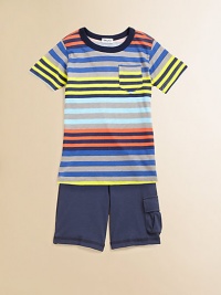 A cozy crewneck with cool stripes and a convenient patch pocket, paired with cargo shorts, make this set a must-have for your little man.CrewneckShort sleevePullover stylePatch pocketElastic waistSide cargo pocket50% pima cotton/50% modalMachine washImported