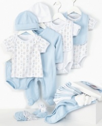 Play time will be anything but blue with this adorable 22-piece boys gift set from Kyle & Deena. Included: 1 footed coverall; 1 diaper cover; 3 pairs of socks; 2 caps; 1 hooded towel; 2 short-sleeved bodysuits; 2 bibs; 2 pairs of mittens; 1 short-sleeved tee; 6 washcloths and 1 pair of booties. Play time will be anything but blue with this adorable 22-piece boys gift set from Kyle & Deena. Included: 1 footed coverall; 1 diaper cover; 3 pairs of socks; 2 caps; 1 hooded towel; 2 short-sleeved bodysuits; 2 bibs; 2 pairs of mittens; 1 short-sleeved tee; 6 washcloths and 1 pair of booties.