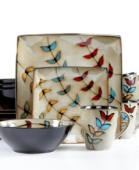 Refresh the casual table with the colorful vines and contemporary dishes of Sango's Flora Black dinnerware set. With place settings for four in dishwasher-safe stoneware. Refresh the casual table with the colorful vines and contemporary dishes of Sango's Flora Black dinnerware set. With place settings for four in dishwasher-safe stoneware.