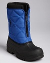 With a colorful fleece lining that peeks out the top, quilted waterproof shell and molded rubber sides and sole, this cozy snowboot is designed for stylish fun all winter long.