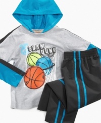 With a style that will dazzle on the courts, this hooded tee and pants set from Kids Headquarters is a simple, fresh style to take to school. With a style that will dazzle on the courts, this hooded tee and pants set from Kids Headquarters is a simple, fresh style to take to school.