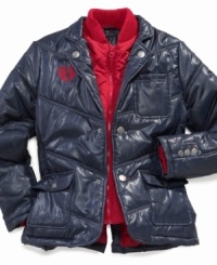 Preppy blazer meets puffy jacket. Tommy Hilfiger's hybrid design features enough warmth and coziness to last him through the cold winter months. Preppy blazer meets puffy jacket. Tommy Hilfiger's hybrid design features enough warmth and coziness to last him through the cold winter months.