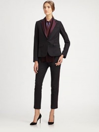 Crisply tailored from finespun Italian wool, this tuxedo-inspired style is accented with colorful silk trim.Self waistband with silk button-tab detailsZip fly with tab closureSilk side trimBack welt pocket with single button detailSilk liningInseam, about 3097% wool/3% elastaneDry cleanMade in USA of Italian fabricModel shown is 5'10 (177cm) wearing US size 4. Crisply tailored from finespun Italian wool, this tuxedo-inspired style is accented with colorful silk trim.Self waistband with silk button-tab detailsZip fly with tab closureSilk side trimBack welt pocket with single button detailSilk liningInseam, about 3097% wool/3% elastaneDry cleanMade in USA of Italian fabricModel shown is 5'10 (177cm) wearing US size 4.