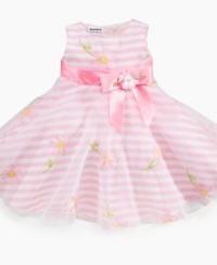 Renewed and refreshed. Stripes and flowers on this Blueberi Boulevard dress give her a soft, airy look perfect for the spirit of any special occasion. Renewed and refreshed. Stripes and flowers on this Blueberi Boulevard dress give her a soft, airy look perfect for the spirit of any special occasion.