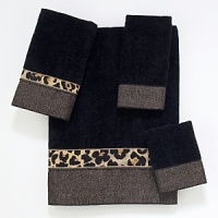 Luxurious sheared velour towel is embellished with a contemporary border featuring cheetah animal print and textured snakeskin fabric combined for a great look. Luxurious sheared velour towel is embellished with a contemporary border featuring cheetah animal print and textured snakeskin fabric combined for a great look.