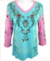 Cactus Fashion 3/4 Sleeve, Rhinestone Studded, V-Neck, Printed Cotton, Pink & Aqua Colored Top - Exotic Flower