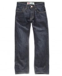 Solid construction with a classic profile, these husky straight jeans from Levi's are great-looking denim that will stand up to his casual style. Solid construction with a classic profile, these husky straight jeans from Levi's are great-looking denim that will stand up to his casual style.