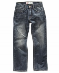 Solid construction with a classic profile, these straight jeans from Levi's are great-looking denim that will stand up to his casual style. Solid construction with a classic profile, these straight jeans from Levi's are great-looking denim that will stand up to his casual style.
