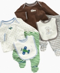 Comfortable and cute will be the name of every game he plays in one of these darling shirt, footed pant and bib 3-piece sets from Little Me. Comfortable and cute will be the name of every game he plays in one of these darling shirt, footed pant and bib 3-piece sets from Little Me.