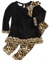 Charming and festive set with leopard bow by Bonnie Baby. The set includes a solid top with leopard ruffles on the cuffs and bottom of dress with matching leopard pattern leggings. She will be a ready to party.