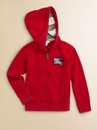 Soft and strong, ultra comfortable and ready for action on the playground, the soccer field or the Sunday-afternoon sofa.Hood with woven check liningFront zip closeAppliquéd logo on chestLong raglan sleeves with ribbed cuffsAngled front pocketsRibbed hemCotton/polyesterMachine washImported Soft and strong, ultra comfortable and ready for action on the playground, the soccer field or the Sunday-afternoon sofa.Hood with woven check liningFront zip closeAppliquéd logo on chestLong raglan sleeves with ribbed cuffsAngled front pocketsRibbed hemCotton/polyesterMachine washImported