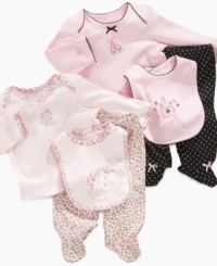 Jazz up her closet with cute prints and one of these fun shirt, footed pant and bib 3-piece sets from Little Me.