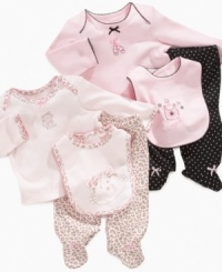Jazz up her closet with cute prints and one of these fun shirt, footed pant and bib 3-piece sets from Little Me. Jazz up her closet with cute prints and one of these fun shirt, footed pant and bib 3-piece sets from Little Me.