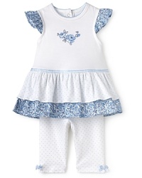 Taking it all back home, a rich floral trim brings a classic charm to Little Me's Belle dress and legging set. Taking it all back home, a rich floral trim brings a classic charm to Little Me's Belle dress and legging set.